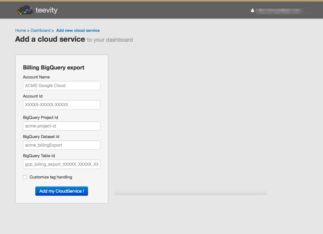 Homepage to add a cloud service