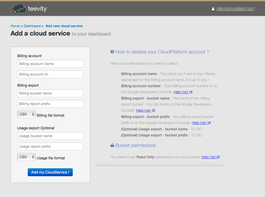 Homepage to add a cloud service